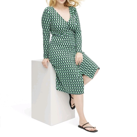 Diane Von Furstenberg Target DVF Longsleeve Midi Arrow Geo Green Wrap Dress Med. - Picture 3 of 10
